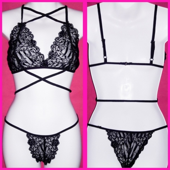 Black Floral Lace Strappy Bralette Panty Set O/S - Picture 2 of 7